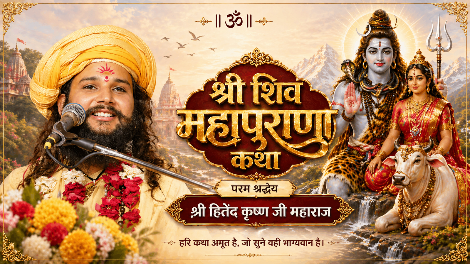 शिव महापुराण कथा पोस्टर, भगवान शिव की महिमा, श्री हितेंद्र कृष्ण जी महाराज।