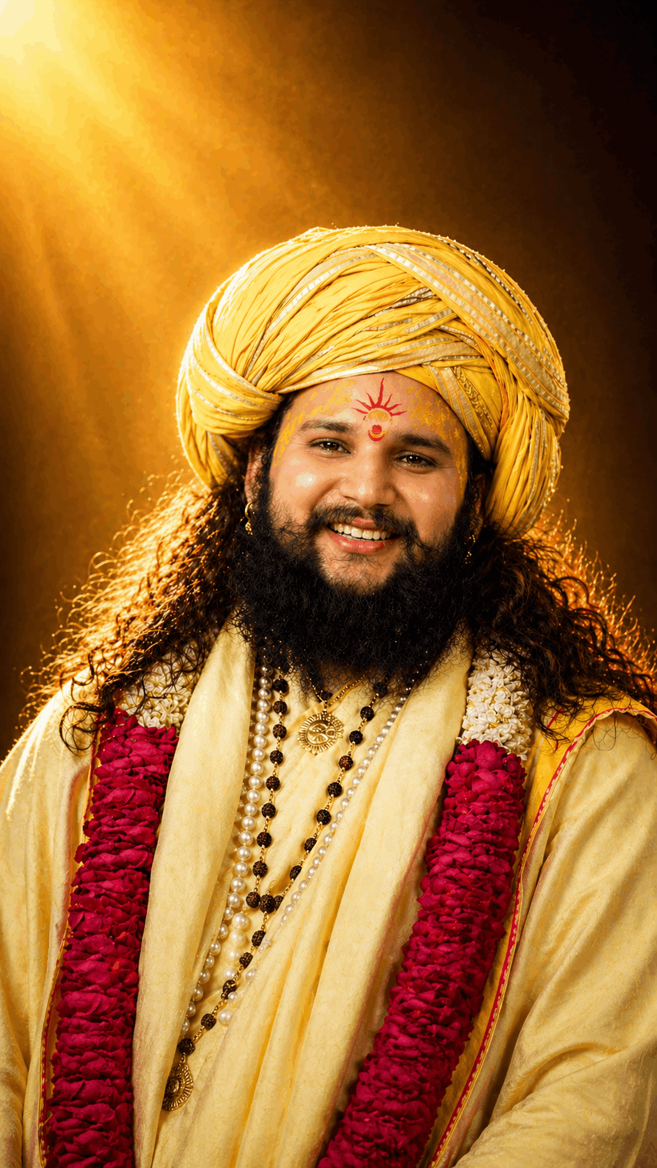 Param Shraddhey Shri Hitendra Krishn Ji Maharaj spiritual portrait with calm expression and traditional attire”