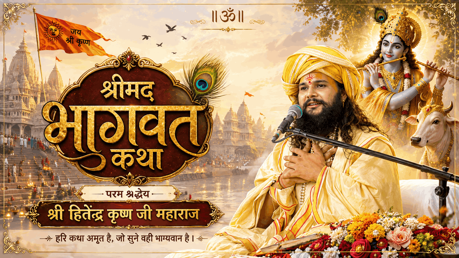 श्री हितेंद्र कृष्ण जी महाराज भागवत कथा पोस्टर, गुरु गृह सेवा धाम, मथुरा।