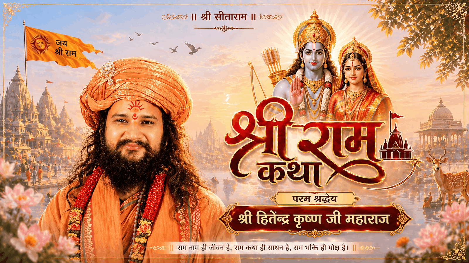 श्री राम कथा आयोजन पोस्टर, श्री हितेंद्र कृष्ण जी महाराज, आध्यात्मिक सत्संग।