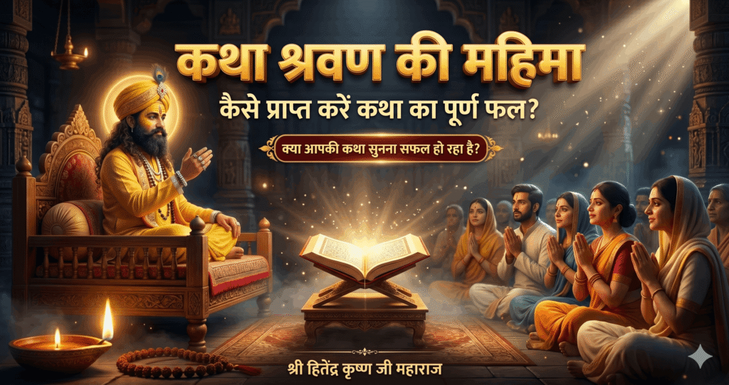 Shri Hitendra Krishna Ji Maharaj delivering spiritual discourse and devotees listening to Bhagwat Katha
