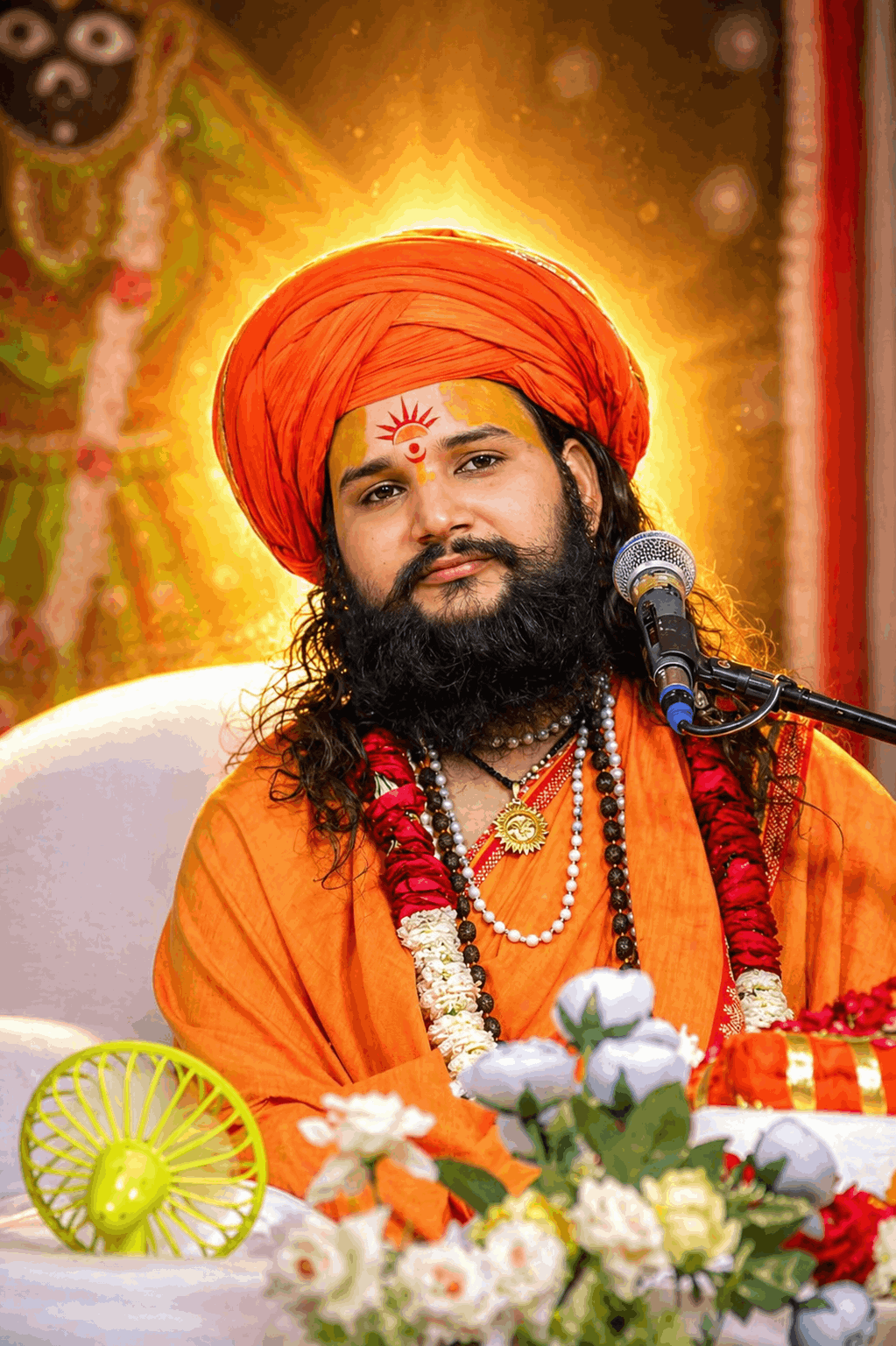 Shri Hitendra Krishn Ji Maharaj wearing malas and tilak in traditional Hindu spiritual attire”