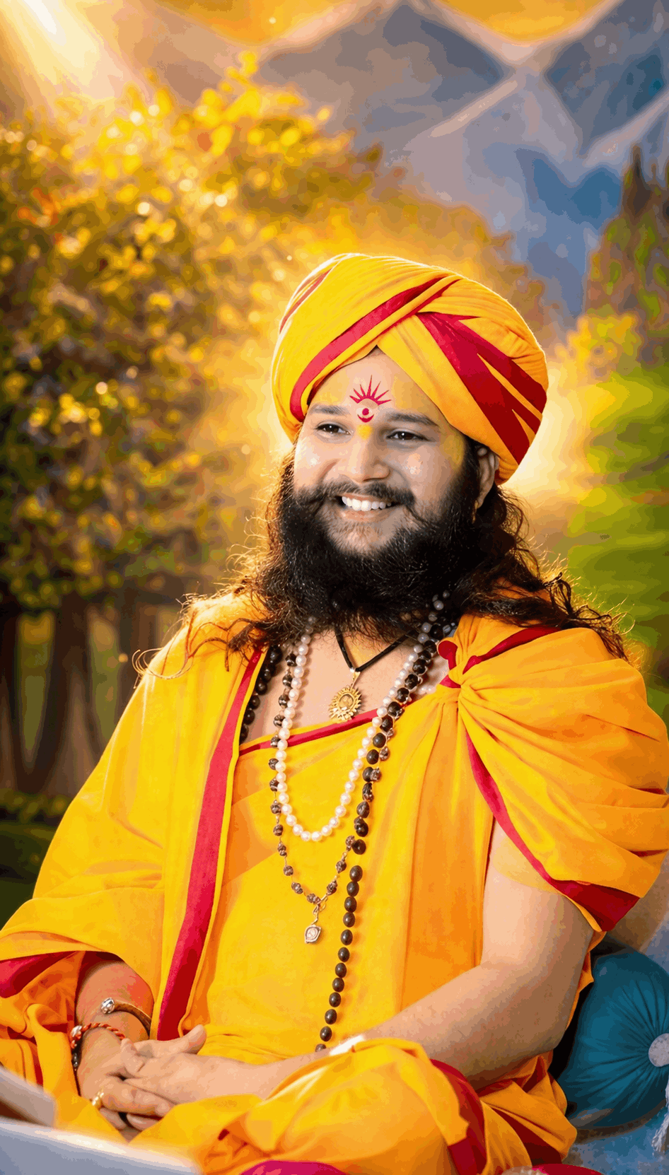 “Hitendra Krishn Ji Maharaj in meditation pose with serene face and spiritual aura”